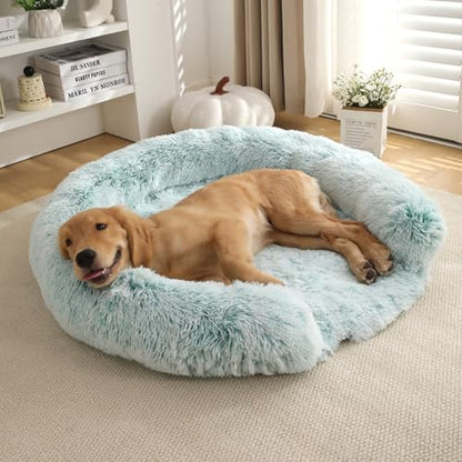 Extra Large Calming Dog Bed - Memory Foam Donut Bed with Waterproof Lining & Removable Cover (Aqua, 2XL) - color: Aqua, size: 43.3x43.3x3.9 in