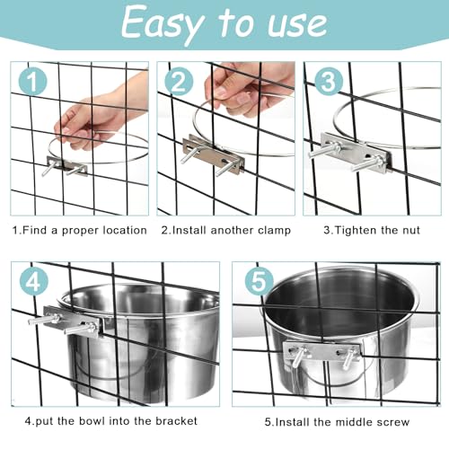 2 Pack Dog Crate Water Bowl Hanging Kennel Water Bowls No Spill Stainless Steel Dog Food Bowls Kennel Bowl Mountable Coop Cup for Large Medium Dogs (7.1” & 7.9”)