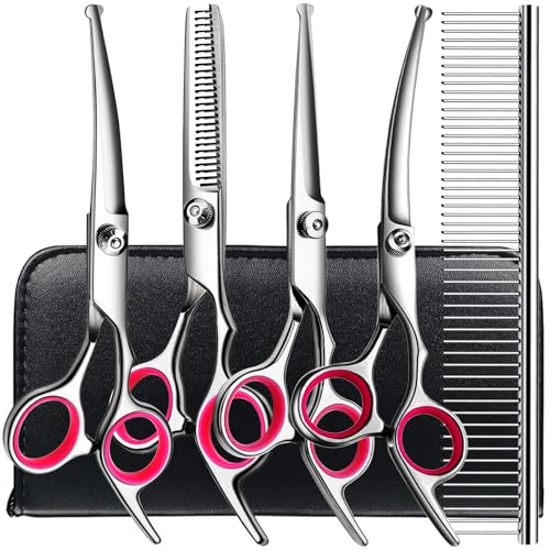 TINMARDA Dog Grooming Kit, Professional Stainless Steel Dog Grooming Scissors with Curved Shears, Pink Finger Rings - 5 Piece Sharp Durable Pet Shears for Dogs Cats At Home Salon-Quality Grooming - color: Pink, size: 5 Piece
