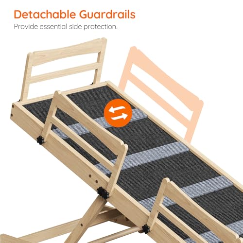 HOOBRO Dog Ramp for Bed, 47.2" Long Foldable Pet Ramp with Non-Slip Mat and Side Rails, Wooden Dog Ramp for High Beds, Couch and Car, 5 Height Adjustable from 15.6" to 25.2", Natural, NB42PT03 - size: 47.2"L x 17.7"W x 3.7"H