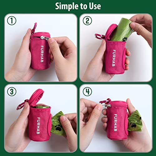 FURHAB Dog Poop Bag Holder for Leash Doggie Waste Bag Dispenser Soft Fabric Puppy Potty Carrier Small Doggy Zipper Pouch with Carabiner Clip 1680D Nylon Oxford with 1 Roll of Pet Trash Bags, Rose Red - color: Rose Red
