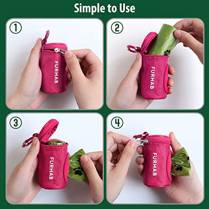 FURHAB Dog Poop Bag Holder for Leash Doggie Waste Bag Dispenser Soft Fabric Puppy Potty Carrier Small Doggy Zipper Pouch with Carabiner Clip 1680D Nylon Oxford with 1 Roll of Pet Trash Bags, Rose Red - color: Rose Red