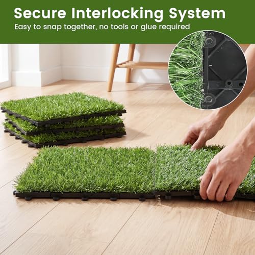 Giantex Artificial Grass Interlocking Deck Tiles, 30 PCS Fake Turf Flooring with Drainage Base, Snap-Together Outdoor Grass Tiles for Patio, Balcony, Poolside, Dog Potty Area & Indoor Outdoor Decor