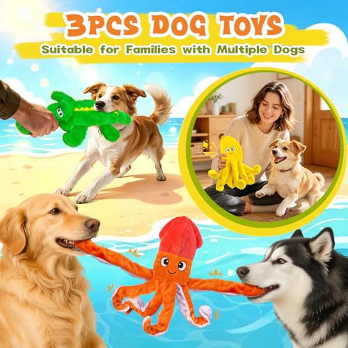 WOWBALA No Stuffing Dog Squeak Toys-3 Pack Plush Crinkle Interactive Puppy Chew Toys, Cute Octopus & Crocodile Toys for Small Medium Dogs,Boredom Relief, Anxiety Reducing - color: Multicolour