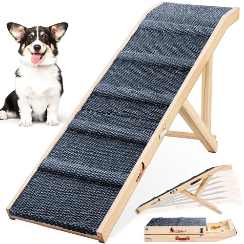 Dog Ramp for Couch, 49" Long Foldable Pet Ramp for Small Large Dogs, Dog Ramps for Bed, High Traction with Platform 6 Adjustable Heights 18" to 21.5" Up to 220LBS, Wood - color: Wood, size: 49"X 17inch