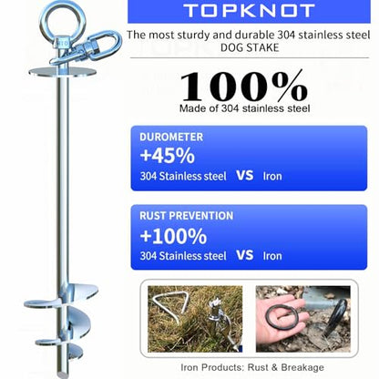 TOPKNOT Dog Tie Out Stake,Heavy Duty Dog Run-304 Stainless Steel Anchor,360° Swivel Dog Runner for Yard,Use Any Dog Tie Out Cable or Yard Leash-Suitable for Large Dogs Up to 200 LBS- Outdoor Camping