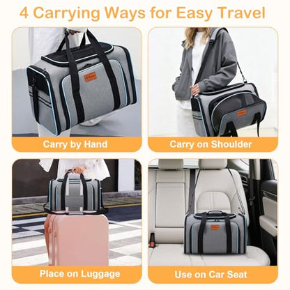 Expandable Airline Approved Pet Carrier, Soft-Sided Travel Bag for Small Cats Dogs with Hard Shell Base, Removable Fleece Pad, Ventilated Mesh, Gray (Blue Trim)