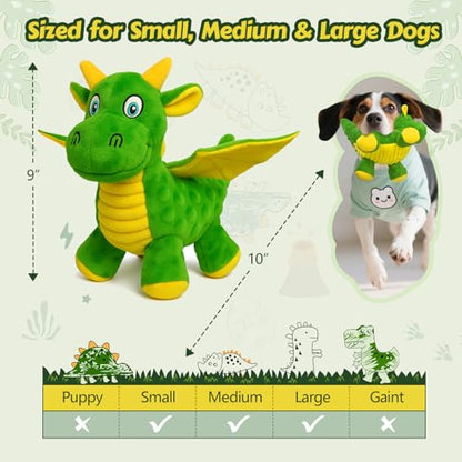 Squeaky Dog Toys - Soft Plush Dragon Dog Toy with 5 Squeakers & Crinkle Paper, Dog Toys for Small, Medium and Large Dogs to Keep Them Busy (Green,10") - color: Green
