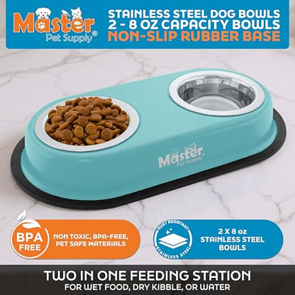 Master Pet Supply Double Dog Bowls Set with Elevated Base and 2 (8 oz) Stainless Steel Removable Dishes (Aqua Sky) – Double Cat Food Water Bowl, Dog Puppy Food Bowl Set, Rust Resistant - color: Aqua Sky