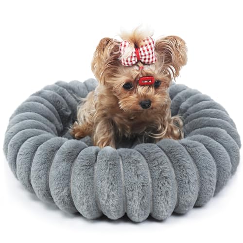 Kitten Beds for Indoor Cats - Soft Cozy Small Cat Bed Washable 16 Inches,Calming Anti-Slip Round Fluffy Plush Faux Fur Pet Bed for Puppy and Kitten up to 5 lbs,Warm Grey - color: Warm Grey, size: 16"L x 16"W x 3.5"Th