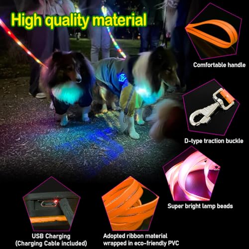 LED Waterproof Pet Dog Leash USB Rechargeable Fashionable Color Glow in the Dark Night Walk Safety Dog Leash for Medium to Large Dogs - color: Orange