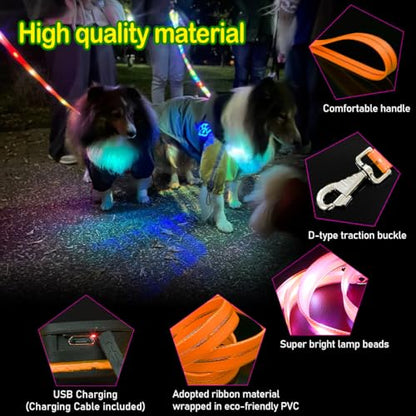 LED Waterproof Pet Dog Leash USB Rechargeable Fashionable Color Glow in the Dark Night Walk Safety Dog Leash for Medium to Large Dogs - color: Orange