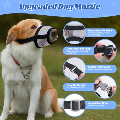 Dog Muzzle with Escape-Proof Elastic Neck Collar, Soft Breathable Air Mesh Mouth Cover Stops Biting Barking Chewing Allows Drinking Panting, Adjustable Muzzle for Small Medium Large Dogs - color: Black/Gray, size: S