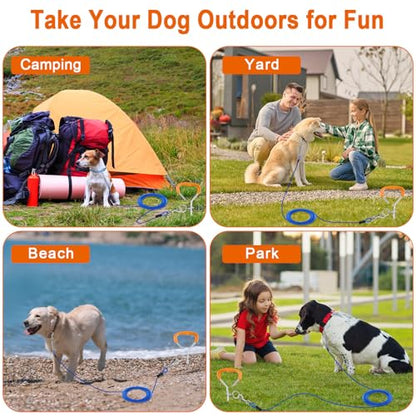 LANNEY Dog Tie Out Cable and Stake, 30ft Leash Chain Lead with Swivel Hook and Shock Spring for Yard Outside Camping, 16 inch Heavy Duty Spiral Ground Stake for Medium Large Dogs Up to 125 Lbs