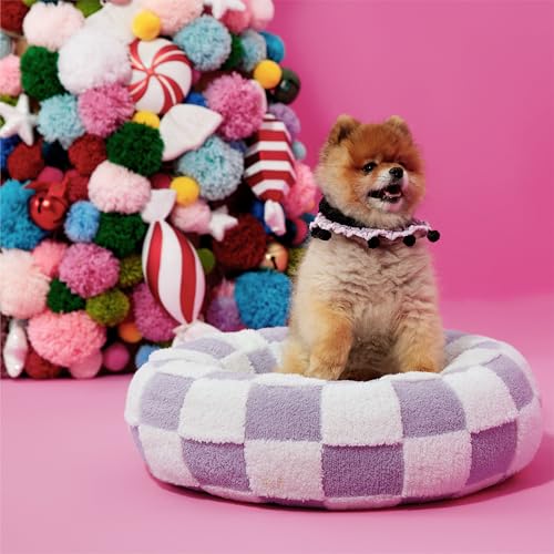 LE SURE Shown on TV Donut Small Dog Bed - Round Cat Beds Indoor Anti-Anxiety Calming Gift for Pets, Cute Modern Home Decor Beds with Jacquard Shaggy Plush & Anti Slip Bottom, 23 Inch, Purple - color: Lavender Checks, size: 23.0"L x 23.0"W x 7.0"Th