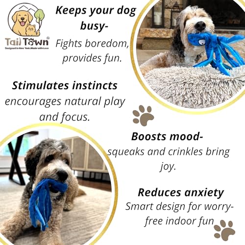Octopus Dog Toy, No Stuffing Plush Squeaky Crinkle Toy to Keep Dogs Busy, Interactive Chew Toy for Puppies Small Medium Large Dogs, Blue, Tail Town - color: Blue