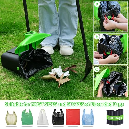 ienjoyed 40" Tall Dog Pooper Scooper with 100 Bags Attachment, Large Capacity Swivel Bin and Rake Metal Pole, Long Handle Pooper Scooper for Large Dogs, Dog Poop Scoop for Yard (Green) - color: Green