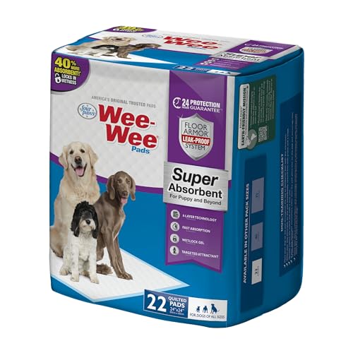 Four Paws Wee-Wee Super Absorbent Unscented Pee Pads for Dogs & Puppies with Insta-Rise Border, Leak-Proof Dog Housebreaking Potty Training Floor Protection, 24" x 24", 22 Count - size: 22 Count