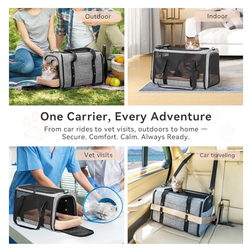 PETSFIT Soft-Sided Cat Carrier with Patented Safety Buckles, Lockable Zippers & Safety Tether,Escape-Resistant Travel Pet Carrier for Car Rides & Vet Visits, Airline Approved Under-Seat, Up to 12 lbs - color: Gray, size: 18.0"L x 11.0"W x 11.0"H