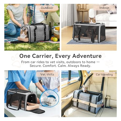 PETSFIT Soft-Sided Cat Carrier with Patented Safety Buckles, Lockable Zippers & Safety Tether,Escape-Resistant Travel Pet Carrier for Car Rides & Vet Visits, Airline Approved Under-Seat, Up to 12 lbs - color: Gray, size: 18.0"L x 11.0"W x 11.0"H