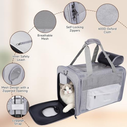 Cat Carriers, 17"x11"x11" Collapsible Pets Travel Carriers Dog Carrier Pet Carrier, Waterproof Airline Approved Soft Sided, Car Travel Portable Bag for Big Cats/Small Dogs(Gray)