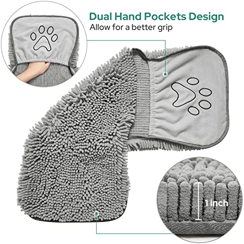 HOMEIDEAS 2 Pack Dog Towels Set, Chenille and Microfiber, Super Absorbent Soft Bath Shammy Towel with Hand Pockets for Pets Drying