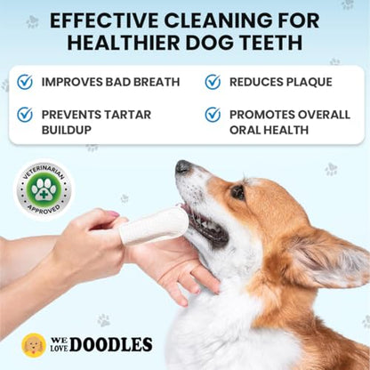 We Love Doodles 50pcs Dog Teeth Cleaning Wipes & Bath Brush Bundle - Dental Finger Wipes & Rubber Brush for Shower Scrubbing & Massage, 2 Pack