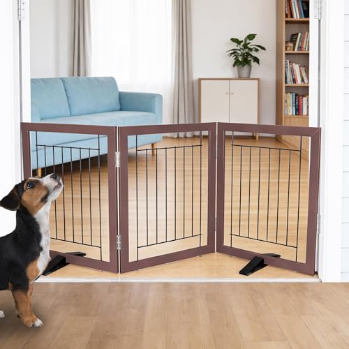 Dog Fence Indoor - 3-Panel Freestanding Dog Gate for Doorways, Hallways, House or Stairs -60x24-Inch Retractable Foldable Expandable Wood Pet by SFJC (Brown) - color: Brown, size: 【3 Panels】60''w X 24''h