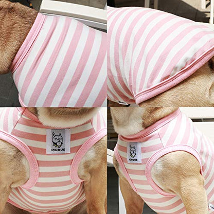 iChoue French Bulldog 100% Breathable Cotton Striped T Shirts Halloween Vest Clothes for Medium Dogs Tank Tops Frenchie Pug English Boston Terrier Pitbull Pink White Stripes - Large - color: Classic Stripe White Pink, size: Large ( 25 - 35 lbs )