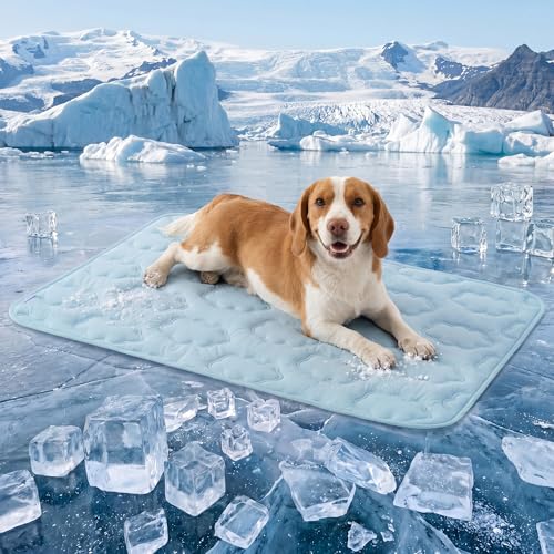LE SURE Dog Cooling Mat for Large Dogs - QMAX>0.5 Breathable Thin Cool Crate Pad with Chill Cold Fiber and Innovative Mesh Base Design, Portable Washable Pet Kennel Mat for Summer, 36x27,Blue - color: Blue, size: 36" x 27" (L)
