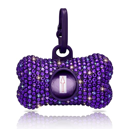 SAVORI Dog Poop Bag Holder Bling Crystal Dog Waste Bags Dispenser for Pet Dog Doggy with Carabiner Clip Includes 1 Roll 15 Bags (Purple) - color: Purple