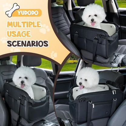 YUDODO 10-18lbs Large Console Dog Car Seat (Width＞9.5in) Fits Truck & SUV, Luxury Puppy Cat Travel Portable Booster Seat with Removable Velvet Cushion, Anti-Slip Pet Car Bed Carseat PU Leather Black - color: Black with Cushion, size: L (Truck SUV) (10-18l