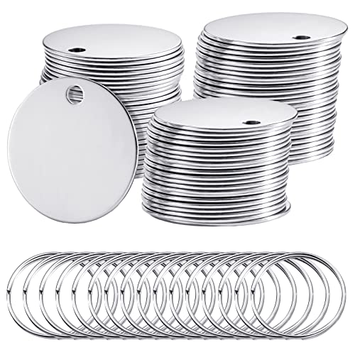 Therwen 100 Pcs Metal Stamping Blanks Kit 1.5 Inch Silver Round Stainless Steel Blank Dog Tags with 100 Pcs Hole Metal Polished Key Tags for Engraving with Rings for Bracelet Jewelry Making - color: Silver, size: 1.5 Inch