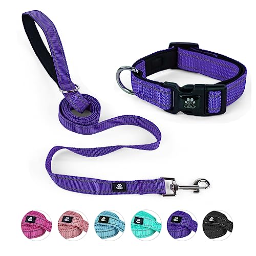 NESTROAD Dog Collar and Leash Set,Reflective Dog Collars with Quick Release Buckle,Adjustable Nylon Pet Collar for Small Medium Large Dogs(Small,Purple) - color: Purple, size: Small