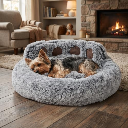Round Plush Calming Donut Dog & Cat Bed | Calming Design, Donut Shape - color: Grey, size: Medium