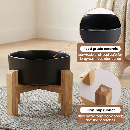 hjn Elevated Ceramic Dog Bowl with Bamboo Stand, Raised Pet Feeding Station for Small Medium Dogs Cats, Modern Design with Anti-Slip Base (Black, 7.6Cup) - color: Black, size: 7.6Cup