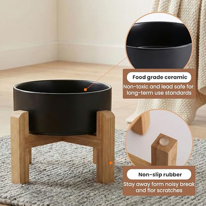 hjn Elevated Ceramic Dog Bowl with Bamboo Stand, Raised Pet Feeding Station for Small Medium Dogs Cats, Modern Design with Anti-Slip Base (Black, 7.6Cup) - color: Black, size: 7.6Cup