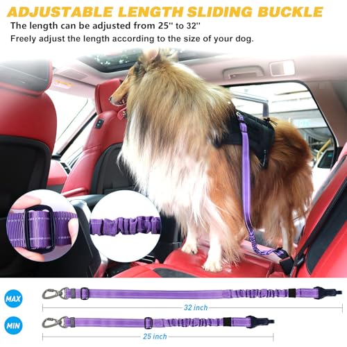 AUBELL Dog Seat Belt for Car,2 Pack Set 3-in-1 Adjustable Reflective Bungee Heavy Duty Dog Car Harness Tether with Clip Hook Latch & Buckle,Swivel Zinc Alloy Carabiner,Black+Purple - color: Set Black+Purple