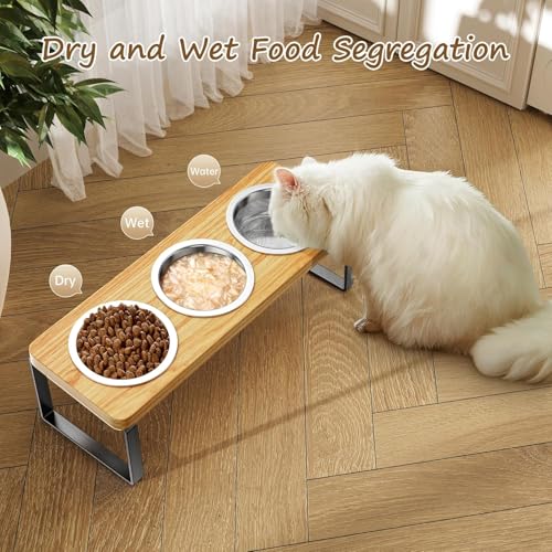 2 Pack Elevated Cat Bowls with 3 Stainless Steel Bowls | 10° Tilted Anti-Vomiting Raised Cat Food Bowl for Small Cats and Puppies Pet Bowl with Stand - color: Bamboo 2 PACK