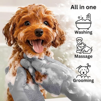 Dog Washing Gloves with Bristle Scrubbers, Reusable Silicone Gloves Ideal for Pet Bathing, Massaging & Grooming (Gray) - color: Gray