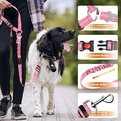 Removable Dog Seat Belt Harness for Car, 3 in 1 Pet Dog Car Seatbelt Leash, Retractable Restraint Secures to Vehicle Headrest & Adjustable Reflective Bungee Dog Seatbelt Tether, Pink - color: 2PCS Pink