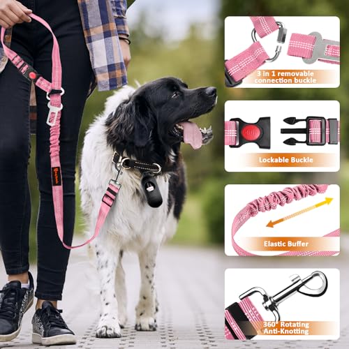 Removable Dog Seat Belt Harness for Car, 3 in 1 Pet Dog Car Seatbelt Leash, Retractable Restraint Secures to Vehicle Headrest & Adjustable Reflective Bungee Dog Seatbelt Tether, Pink and Black - color: Black+Pink