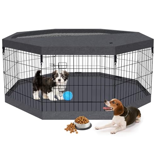 Foldable Metal Wire Dog Pen Pet Playpen Dog Fence Indoor Exercise Pen Enclosure Indoor Outdoor with Bottom Pad and Top Cover (Black 24 top Bottom Cover) - style: Playpen + top and bottom cover