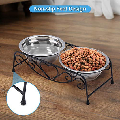 Raised Dog Bowls, Stainless Steel Double Pet Food Feeder Cat Water Dispenser Dish Bowls with Retro Iron Stand for Small or Medium Dogs Cats Puppy