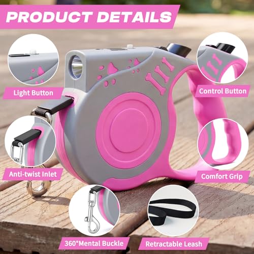 Retractable Dog Leash with USB Rechargeable Flashlight for Night Walks, 16FT Automatic Telescopic Tractor Dog Leash for Small and Medium Dogs, Pink - color: pink