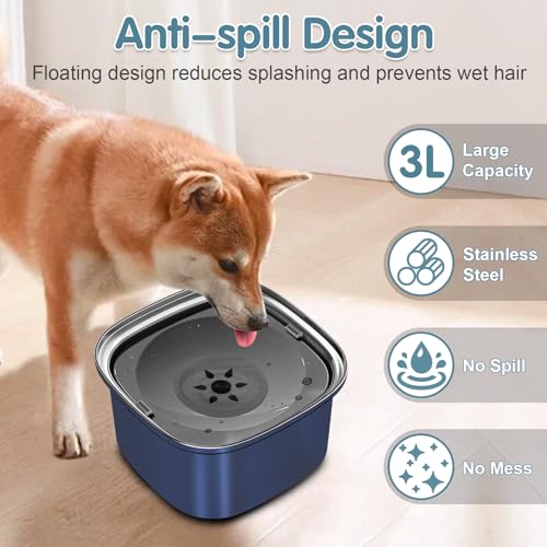 UPSKY 3L Dog Water Bowl 101oz Stainless Steel No Spill Large Capacity Dog Food Water Bowl Slow Water Feeder, Spill Proof Pet Water Dispenser Vehicle Carried Travel Water Bowls - color: I-Dark Blue