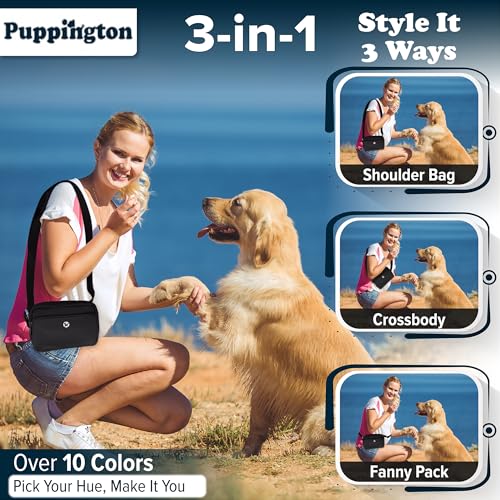 Puppington 3-in-1 Crossbody Dog Walking Bag & Treat Pouch with Matching Planet Safe Poop Bags & Built-In Dispenser - Dog Mom Gift for Puppy Training with Zippered Pockets (Onyx Black) - color: Onyx Black