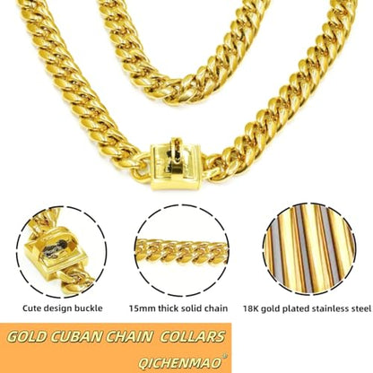 Heavy Duty Cuban Link Chain Dog Collars 15MM Gold/Silver Stainless Steel Metal Walking Training Collars with Cute Secure Design Buckle, Chew Proof, for Large Medium Small Dogs (Gold, 20'') - color: Gold, size: 20inches