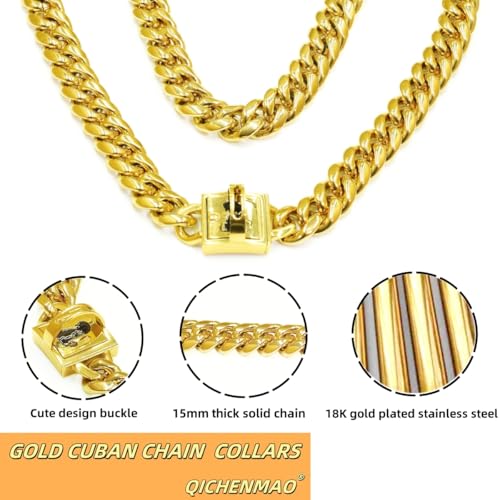 Heavy Duty Cuban Link Chain Dog Collars 15MM Gold/Silver Stainless Steel Metal Walking Training Collars with Cute Secure Design Buckle, Chew Proof, for Large Medium Small Dogs (Gold, 24'') - color: Gold, size: 24inches