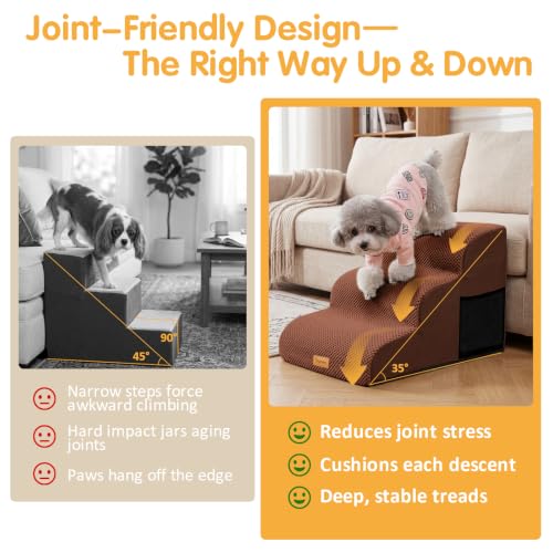 Topmart 3 Tiers Foam Dog Ramps,Non-Slip Pet Step,Extra Wide Deep Dog Stair | High Density Foam Pet Stairs/Ladder,Best for Older Dogs,Cats,Small Pets - color: Brown, size: 23.6*15.7*15.7